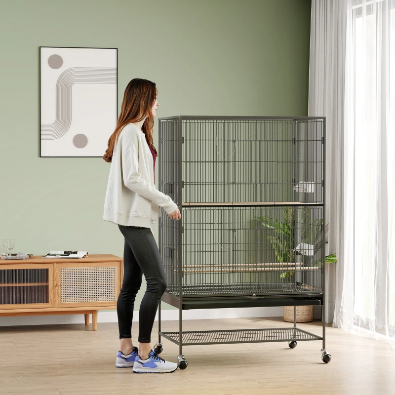 PawHut 60" Bird Cage with Stand for Cockatiels Canaries Lovebirds Finches, Budgie Cage with Wheels, Removable Tray, Storage Shelf
