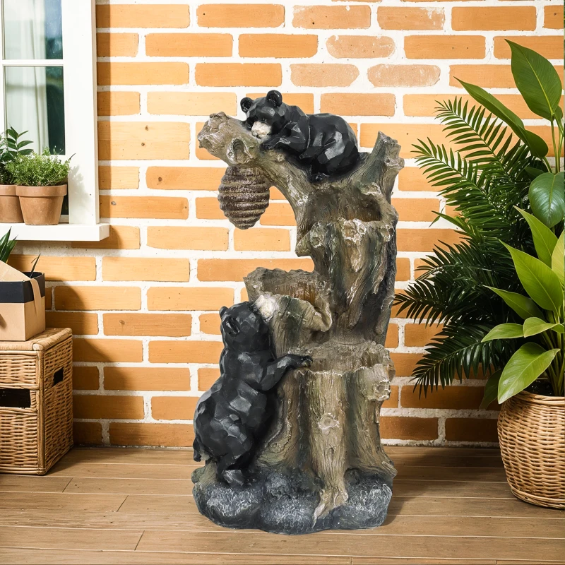 Outsunny 22.4" Outdoor Fountain, 3-Tier Resin Resin Bears and Honey Beehive Outdoor Waterfall Fountain with LED Lights, Pump