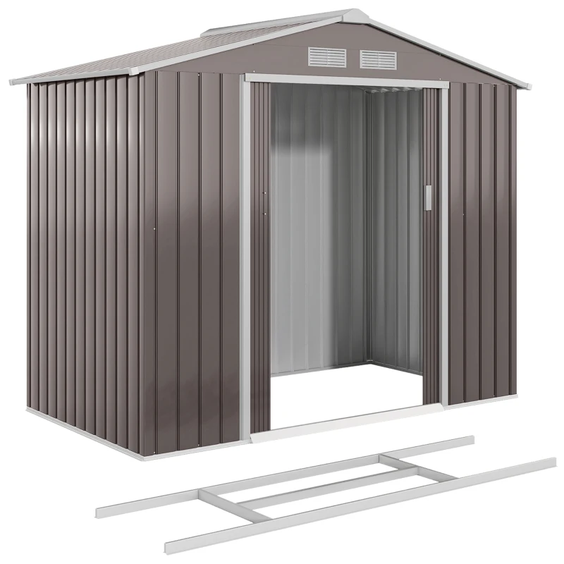 Outsunny 7' x 4' x 6' Metal Storage Shed Outdoor Patio Metal Tool Storage House w/ Foundation Kit and Double Doors Light Brown