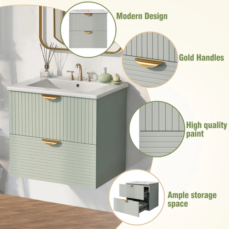 Modern Wall-Mounted Bathroom Vanity with 2 Drawers, Space-Saving Design for Small Bathrooms, 24" L x 18" W x 23" H, Green