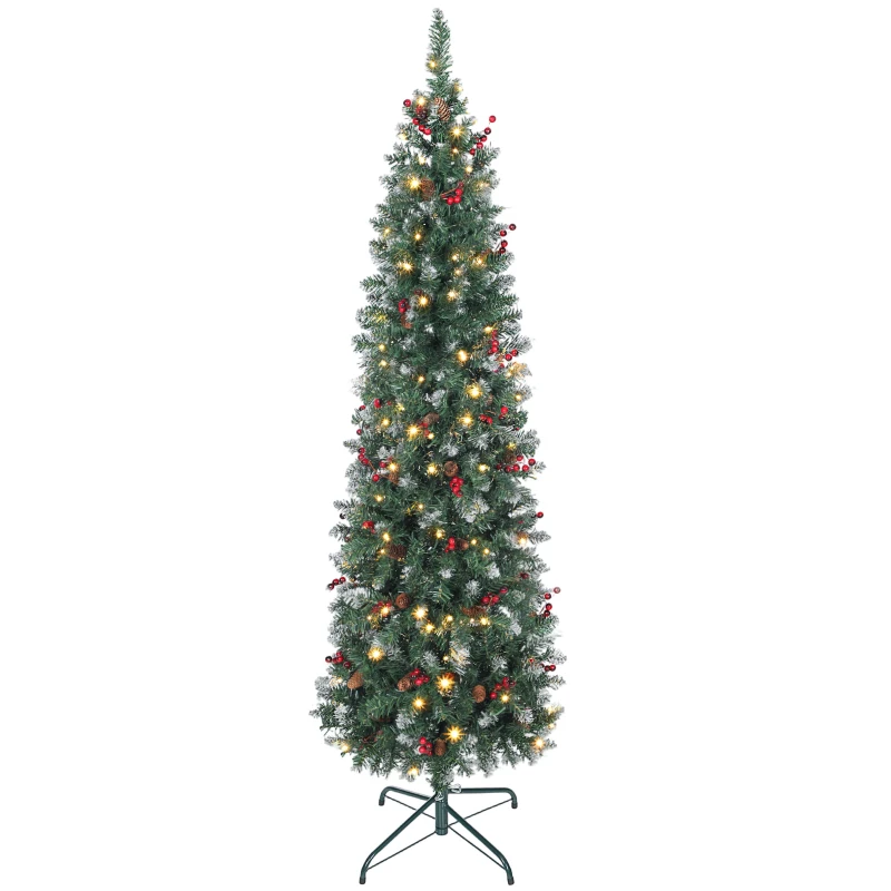 HOMCOM 6 ft Pencil Prelit Christmas Tree with LED Light, Silver Glitter, Dense Pointed Branches, 8 Modes, Slim Xmas Tree