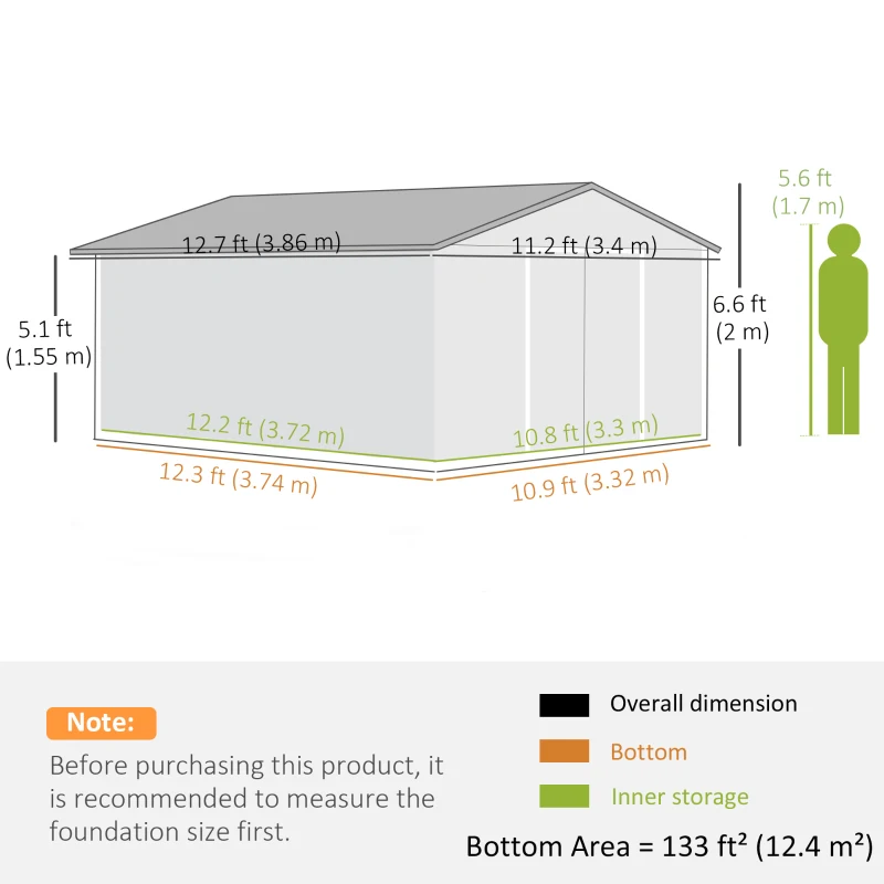 11' x 13' Garden Storage Shed - Metal Tool Storage House, Foundation Kits Included, Brown