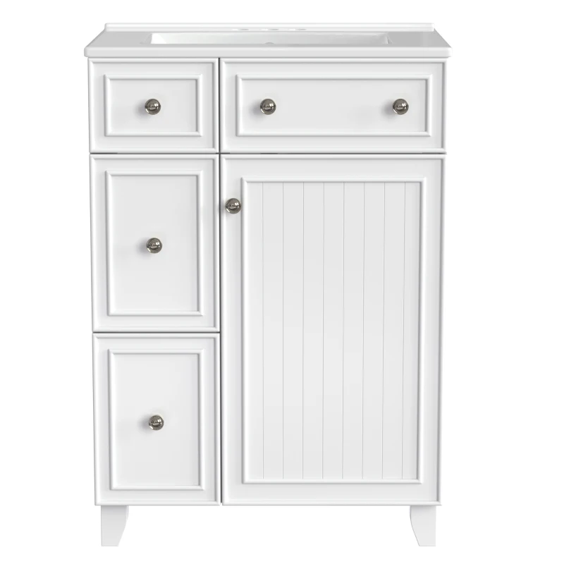 24" Bathroom Vanity Cabinet with 2 Drawers and 1 Door, Ceramic Sink, Cabinet with Solid Wood Construction, 24" L x 18.5" W x 34.5" H, White
