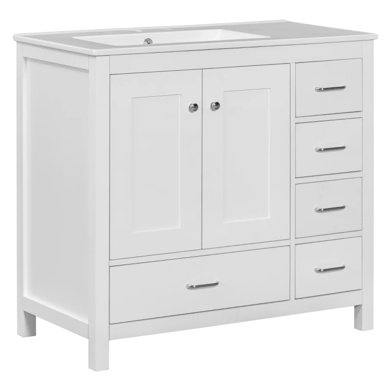 36" Bathroom Vanity with Ceramic Sink, 2 Soft-Close Doors and 5 Drawers, Cabinet with Free-Standing Design, 36" L x 18" W x 34" H, White