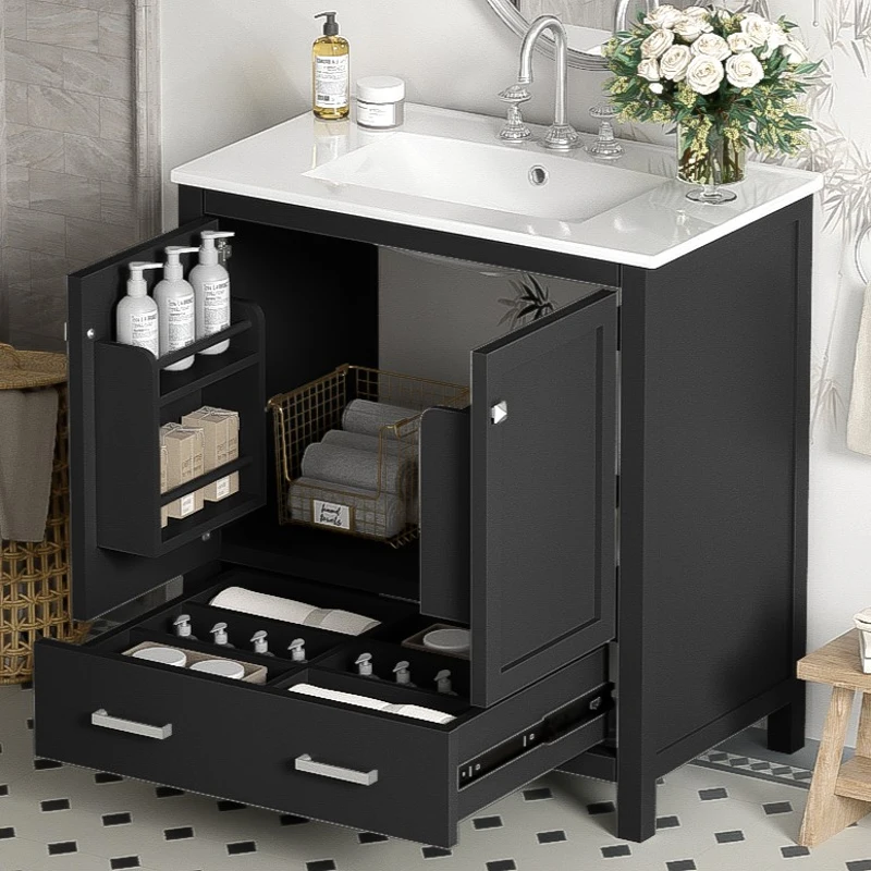 30" Bathroom Vanity with Single Undermount Sink, Cabinet with Soft-Close Doors and Versatile Storage, 30" L x 18.5" W x 34" H, Black+White