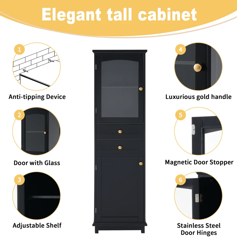 Tall Bathroom Storage Cabinet with Glass Doors, Free-Standing Design, Adjustable Shelves for Stylish Organization, 18" L x 14" W x 63" H, Black