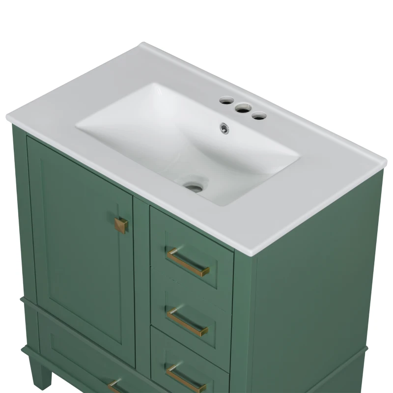Modern Bathroom Vanity with 3 Drawers, Soft Close Door, Sink Combo, Storage Cabinet with Wood Frame, 30" L x 18" W x 34" H, Green+White