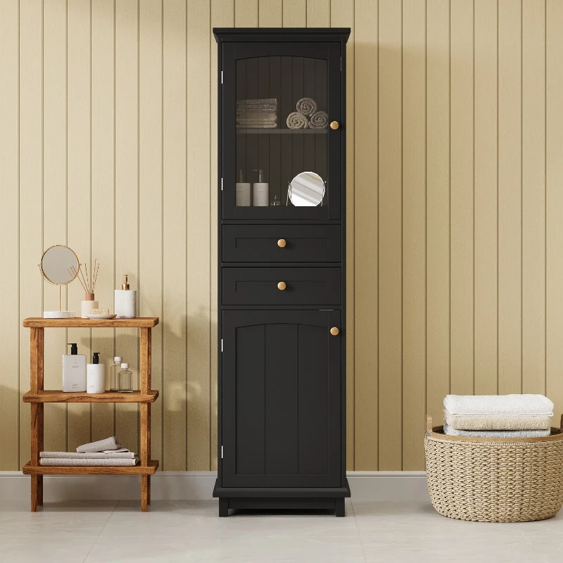 Tall Bathroom Storage Cabinet with Glass Doors, Free-Standing Design, Adjustable Shelves for Stylish Organization, 18" L x 14" W x 63" H, Black