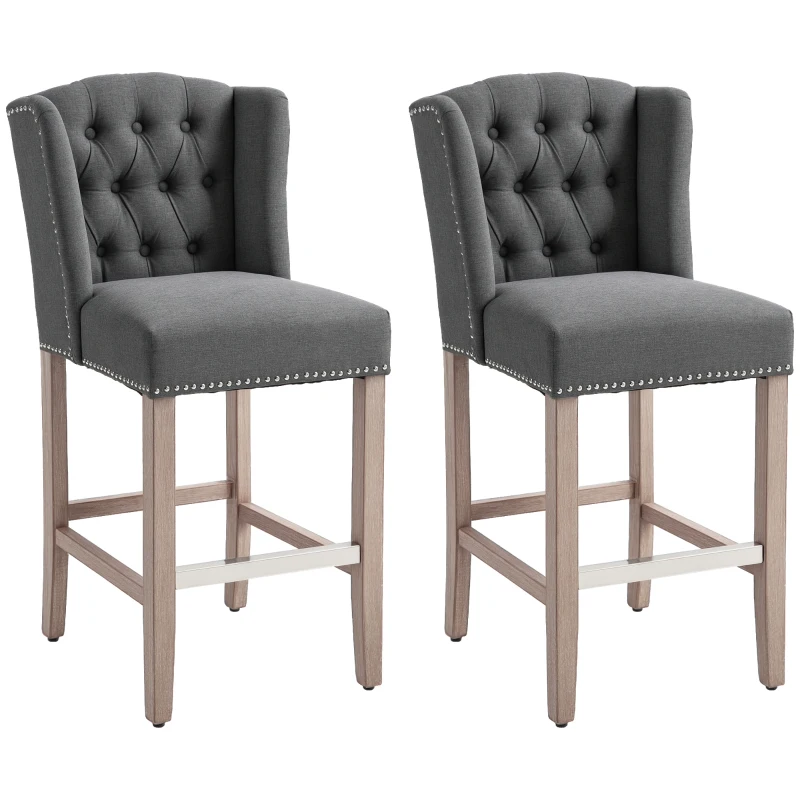 HOMCOM Counter Bar Stools Set of 2, Counter Height Barstools with Nailhead Trim, Tufted Back and Wood Legs, Dark Gray