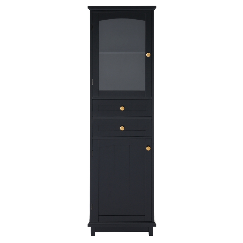 Tall Bathroom Storage Cabinet with Glass Doors, Free-Standing Design, Adjustable Shelves for Stylish Organization, 18" L x 14" W x 63" H, Black
