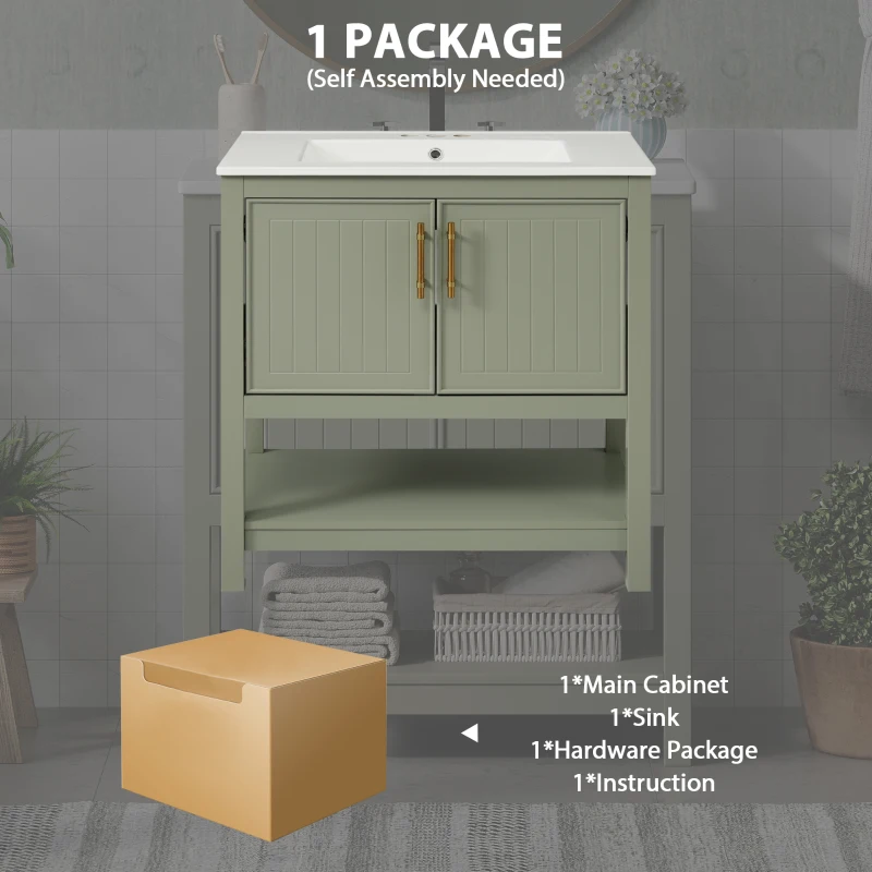 30" Bathroom Vanity with Ceramic Sink, Ample Storage, Soft Close Doors, Cabinet with Solid Wood frame, 30" L x 18.5" W x 34" H, Green+White