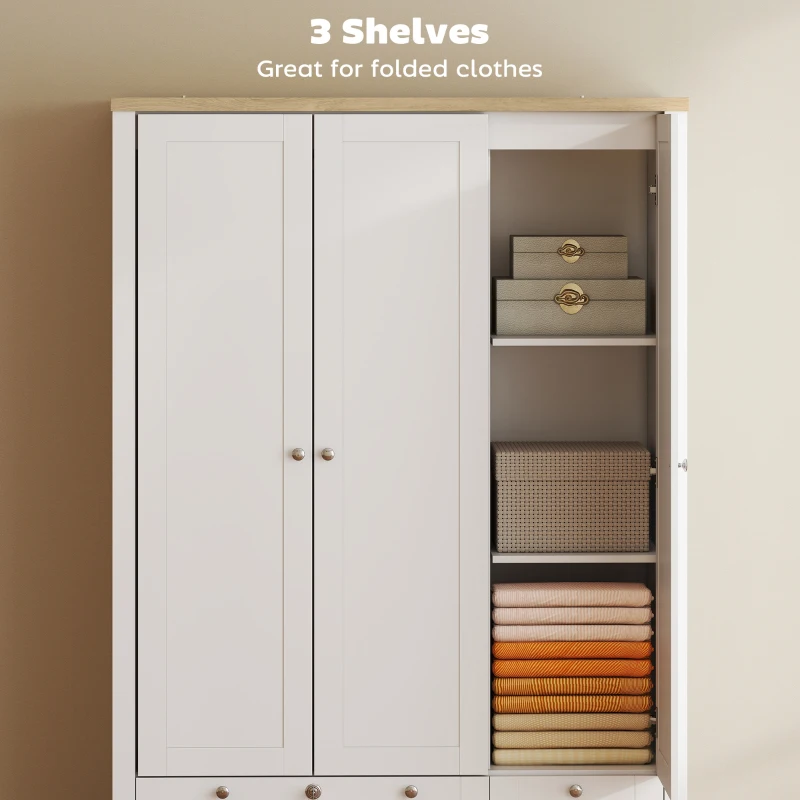 HOMCOM 3 Doors Wardrobe Closet with 2 Drawers, Bedroom Armoire with Lockable Drawer, Hanging Rod and Storage Shelves, White