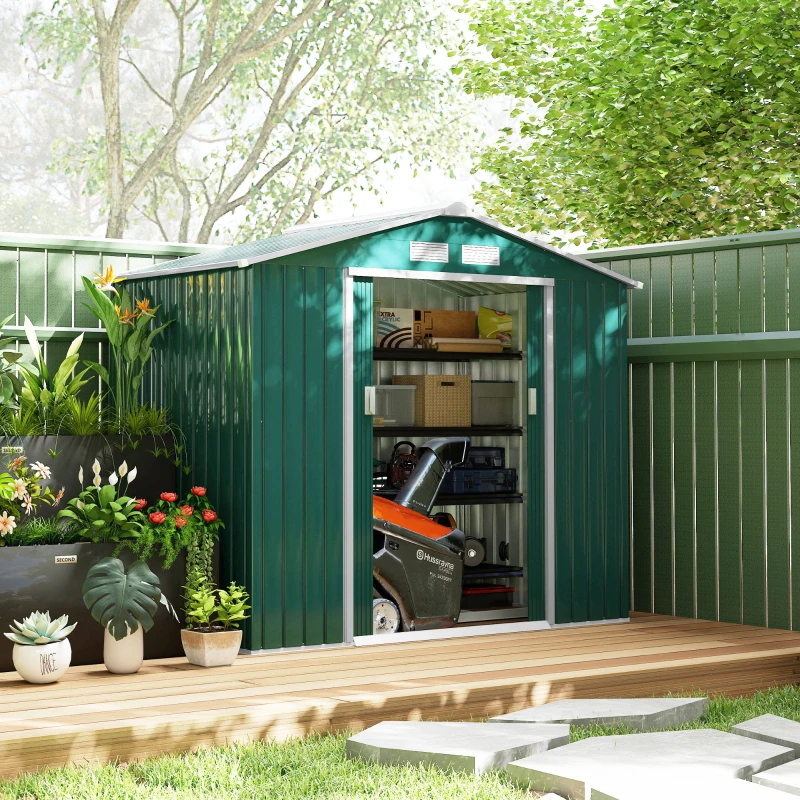 Outsunny 7' x 4' x 6' Garden Storage Shed Outdoor Patio Metal Tool Storage House w/ Foundation Kit and Double Doors Green