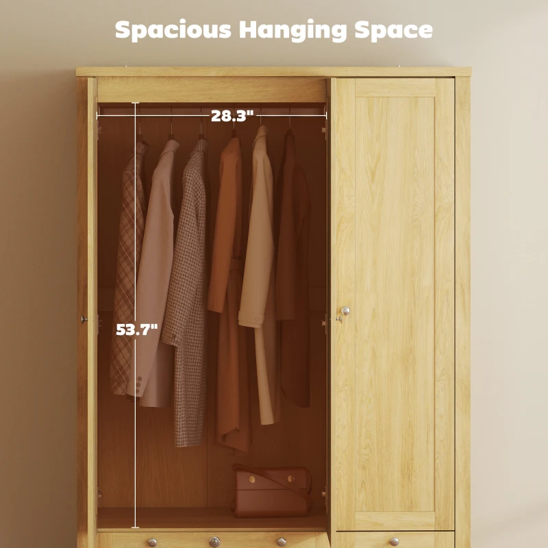 HOMCOM 3 Doors Wardrobe Closet with 2 Drawers, Bedroom Armoire with Lockable Drawer, Hanging Rod and Storage Shelves, Natural