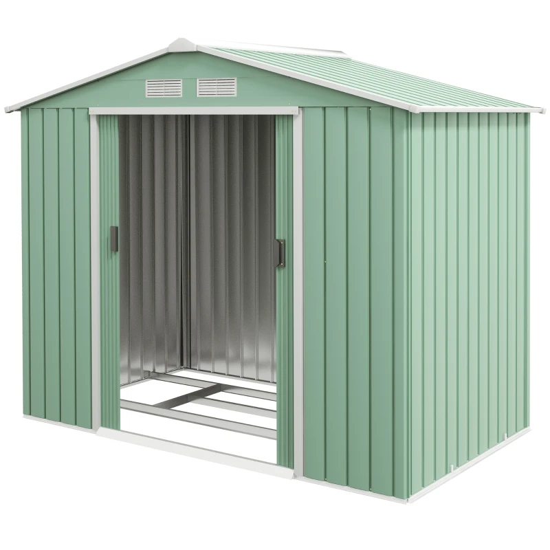 Outsunny 7' x 4' x 6' Garden Storage Shed Outdoor Patio Metal Tool Storage House w/ Foundation Kit and Double Doors Light Green