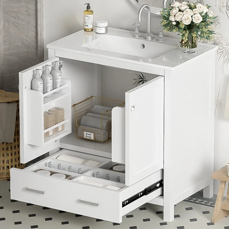 30" Bathroom Vanity with Single Sink, Solid Wood Frame, Multifunctional Storage Cabinet with Soft-Close Doors, 30" L x 18.5" W x 34" H, White