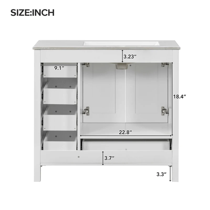 36" Bathroom Vanity with Ceramic Sink, 2 Soft-Close Doors and 5 Drawers, Cabinet with Free-Standing Design, 36" L x 18" W x 34" H, White