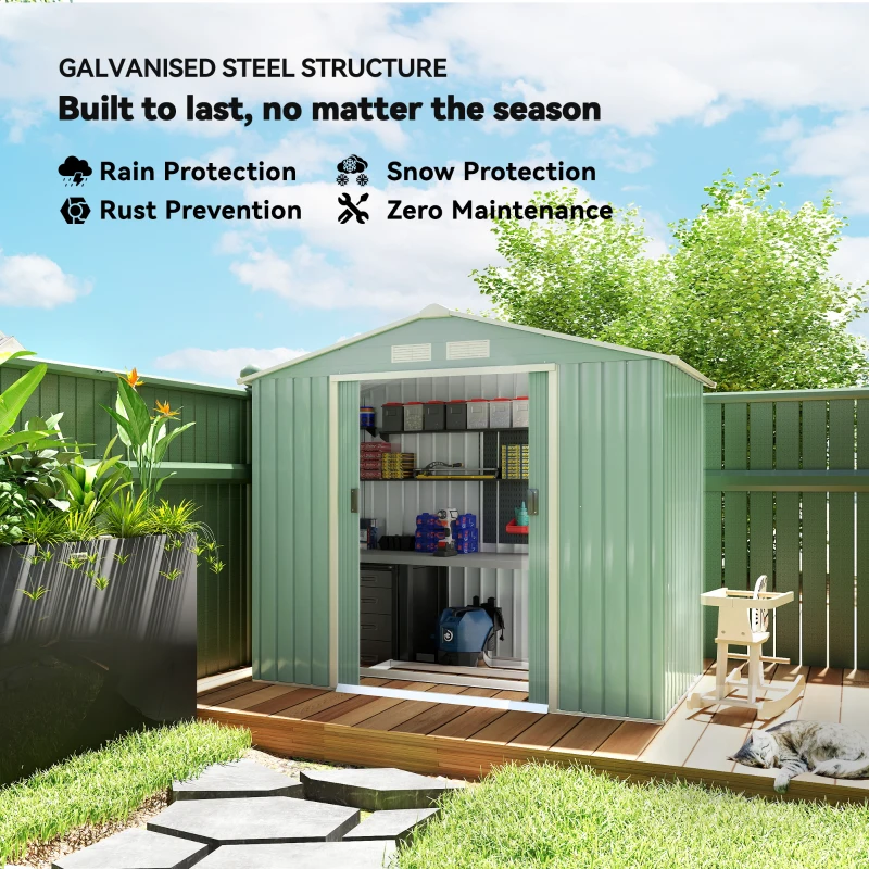 Outsunny 7' x 4' x 6' Garden Storage Shed Outdoor Patio Metal Tool Storage House w/ Foundation Kit and Double Doors Light Green