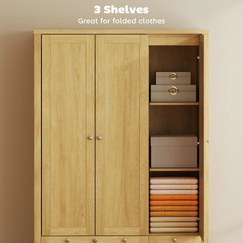HOMCOM 3 Doors Wardrobe Closet with 2 Drawers, Bedroom Armoire with Lockable Drawer, Hanging Rod and Storage Shelves, Natural