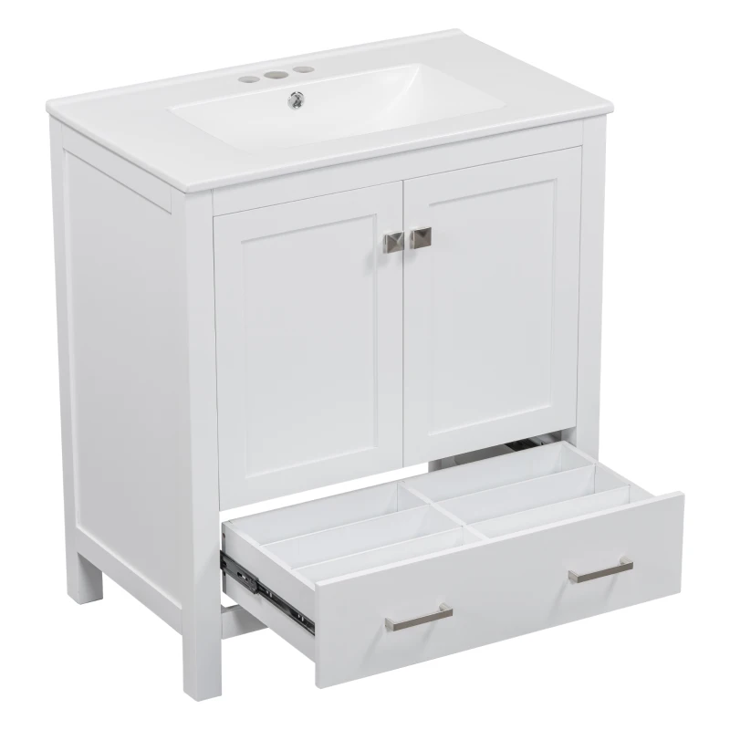 30" Bathroom Vanity with Single Sink, Solid Wood Frame, Multifunctional Storage Cabinet with Soft-Close Doors, 30" L x 18.5" W x 34" H, White