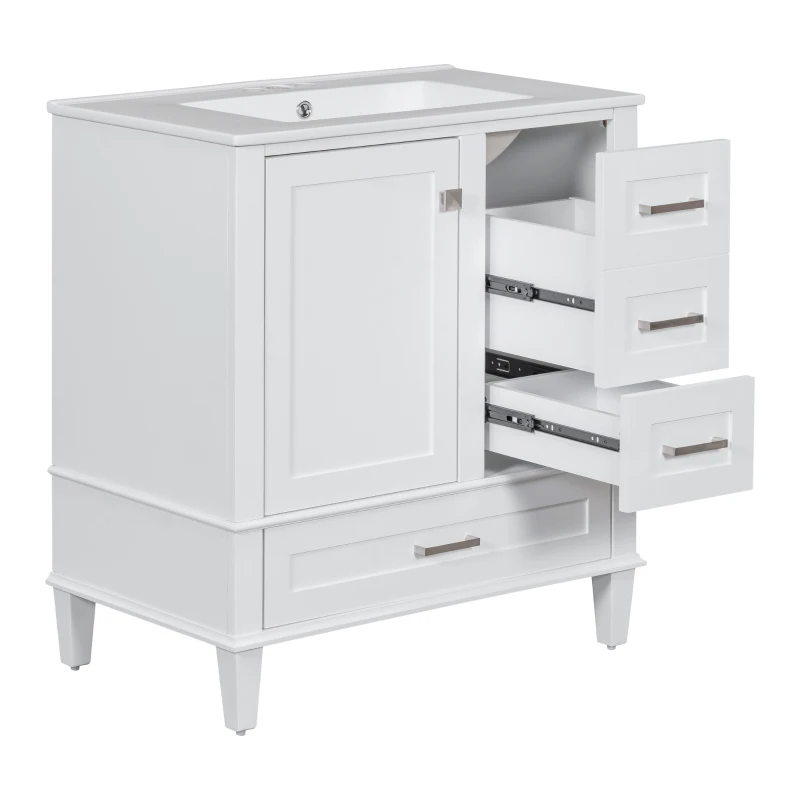 Modern Bathroom Vanity with Sink Combo, Solid Wood Frame, Cabinet with Soft-Close Door and 3 Drawers, 30" L x 18" W x 34" H, White