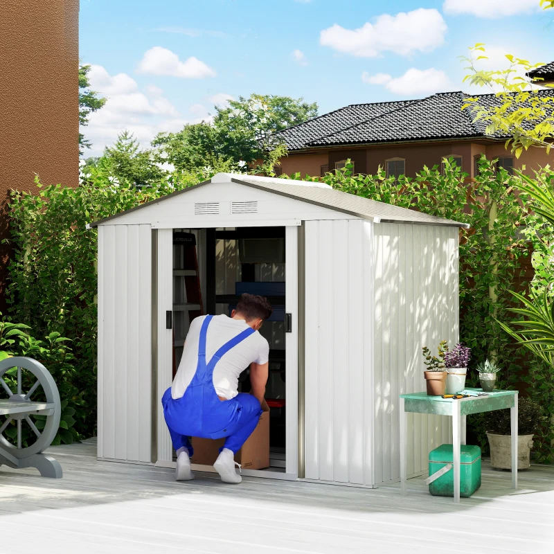 Outsunny 7'x 4'x 6' Garden Tool Shed Metal Storage Shed w/ Foundation Kit and Double Doors Silver