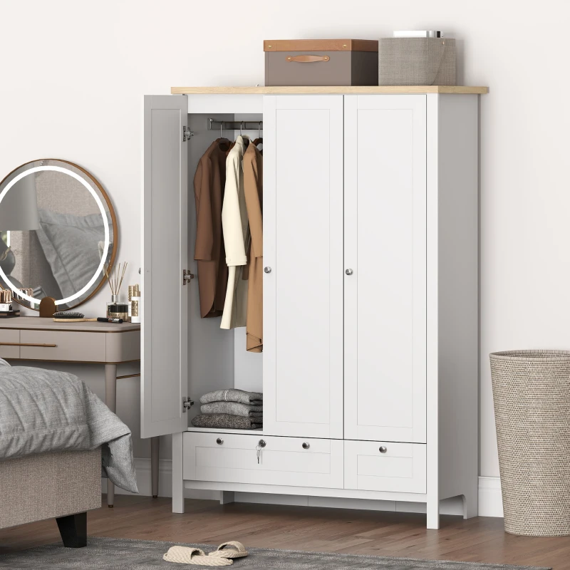 HOMCOM 3 Doors Wardrobe Closet with 2 Drawers, Bedroom Armoire with Lockable Drawer, Hanging Rod and Storage Shelves, White