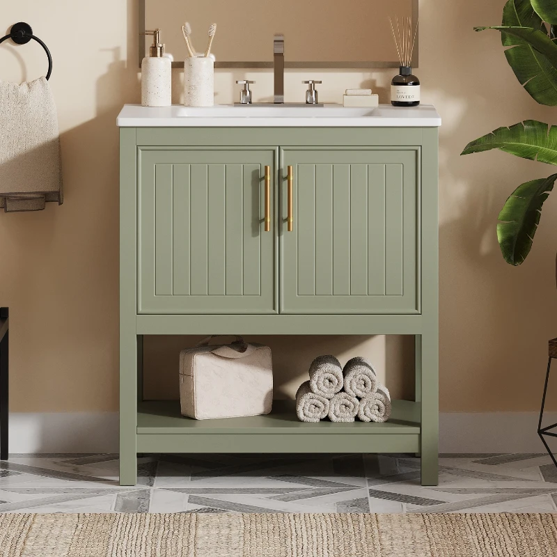 30" Bathroom Vanity with Ceramic Sink, Ample Storage, Soft Close Doors, Cabinet with Solid Wood frame, 30" L x 18.5" W x 34" H, Green+White