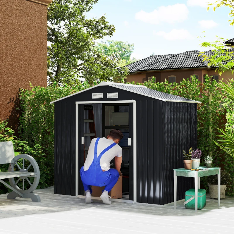 Outsunny 7' x 4' x 6' Garden Storage Shed Outdoor Patio Metal Tool Storage House w/ Foundation Kit and Double Doors Dark Grey
