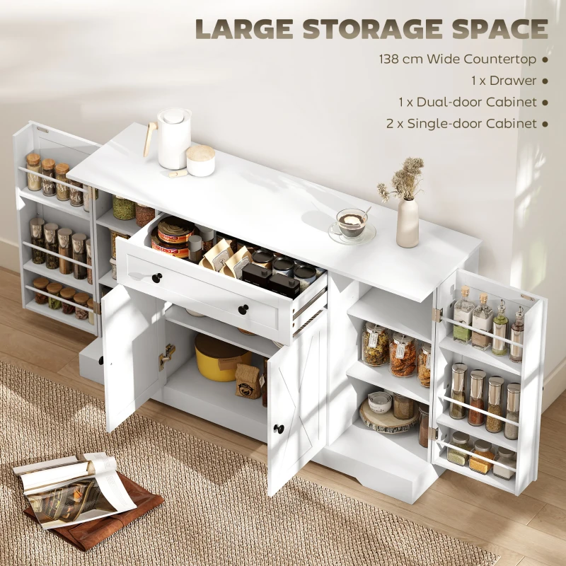 HOMCOM Sideboard Buffet Cabinet, Farmhouse Coffee Bar Cabinet with Door Shelves, Adjustable Shelves, Drawer, Barn Doors, White