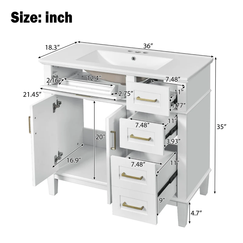 Modern Bathroom Vanity with Ceramic Sink, Soft Close Doors, Space-Saving Design and 4 Drawers for Storage, 36" L x 18.5" W x 35" H, White