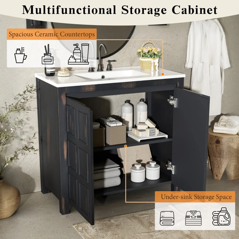 36" Bathroom Vanity with Ceramic Sink, Solid Wood Construction, Storage Cabinet with Soft Close Doors, 36" L x 18.5" W x 34" H, Espresso