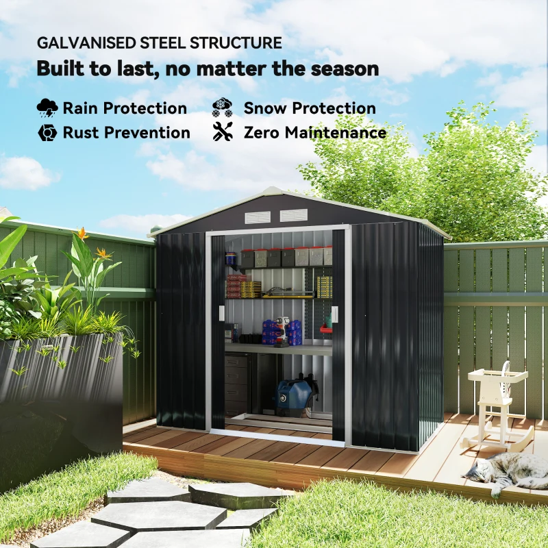 Outsunny 7' x 4' x 6' Garden Storage Shed Outdoor Patio Metal Tool Storage House w/ Foundation Kit and Double Doors Dark Grey