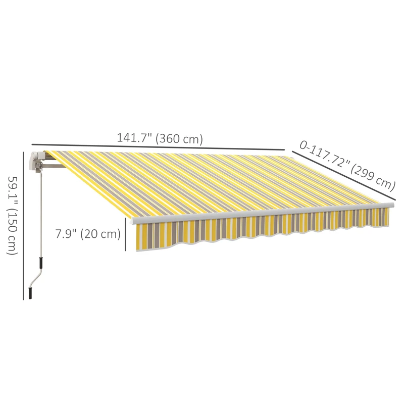 Outsunny 12' x 10' Retractable Awning Patio Sun Shade Shelter with Manual Crank Handle, UV & Water-Resistant Fabric and Aluminum Frame for Deck, Balcony, Yard, Yellow and Grey