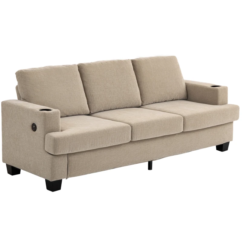 HOMCOM 3 Seater Sofa with USB Ports & Cup Holders, Chenille-Feel Upholstered Couch for Living Room, Light Brown