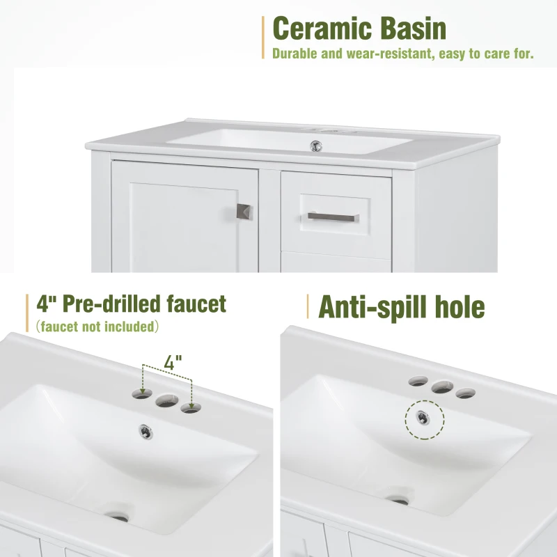 Modern Bathroom Vanity with Sink Combo, Solid Wood Frame, Cabinet with Soft-Close Door and 3 Drawers, 30" L x 18" W x 34" H, White