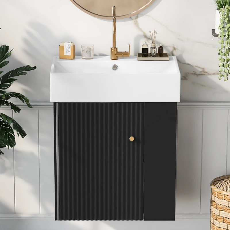 Modern Floating Bathroom Vanity with Ceramic Basin and Right Side Storage, Cabinet with Gold Handle, 21.5" L x 12" W x 26.5" H, Black+White