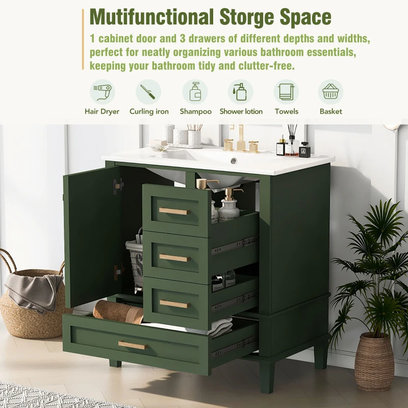 Modern Bathroom Vanity with 3 Drawers, Soft Close Door, Sink Combo, Storage Cabinet with Wood Frame, 30" L x 18" W x 34" H, Green+White