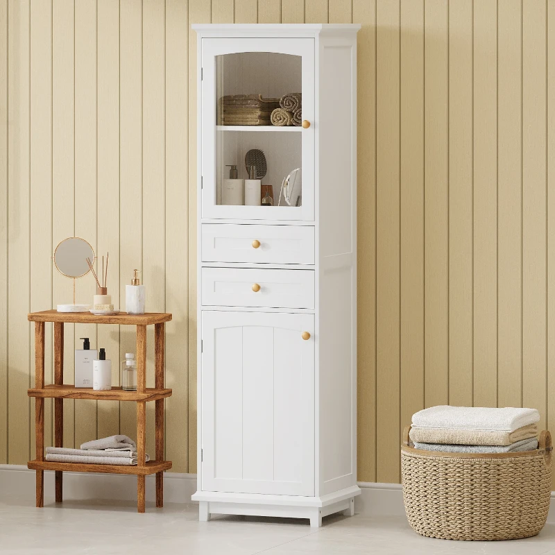 Tall Bathroom Storage Cabinet with Glass Doors, Free-Standing with Adjustable Shelves and Drawers, 18" L x 14" W x 63" H, White