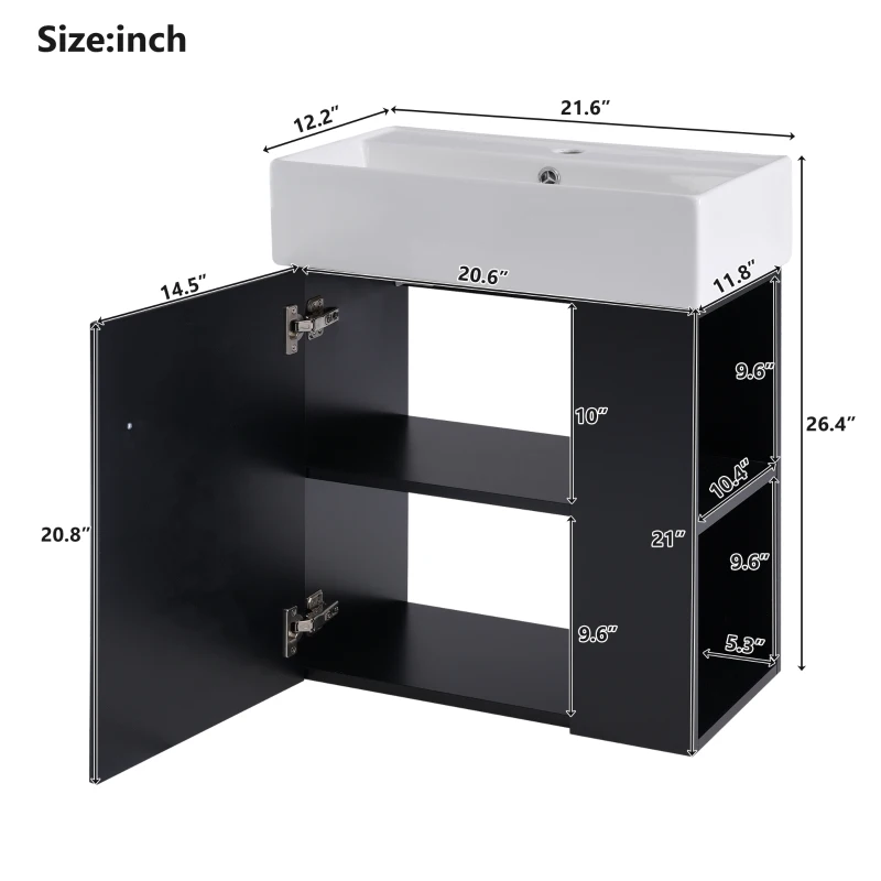 Modern Floating Bathroom Vanity with Ceramic Basin and Right Side Storage, Cabinet with Gold Handle, 21.5" L x 12" W x 26.5" H, Black+White