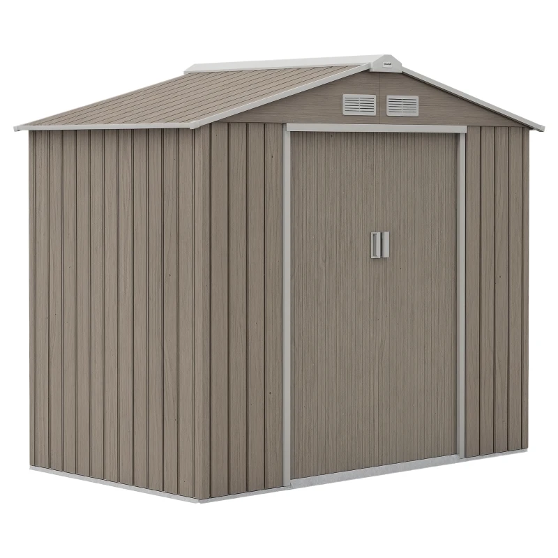 Outsunny 7' x 4' x 6' Garden Storage Shed Outdoor Patio Metal Tool Storage House w/ Foundation Kit and Double Doors Light Brown