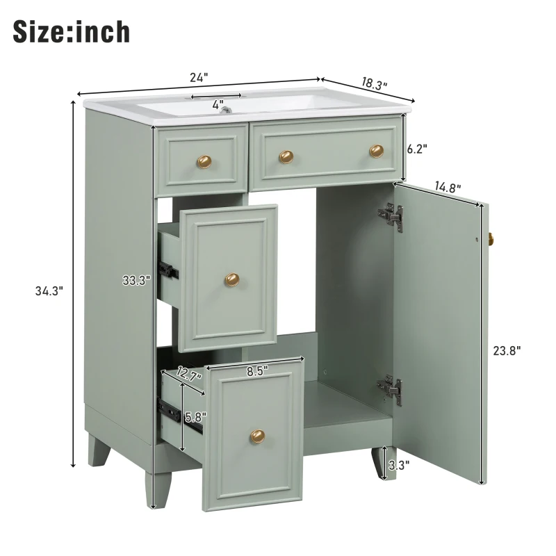 24" Bathroom Vanity with 4 Drawers and 1 Door, Ceramic Sink, Cabinet with Solid Wood Construction, 24" L x 18.5" W x 34.5" H, Green+White