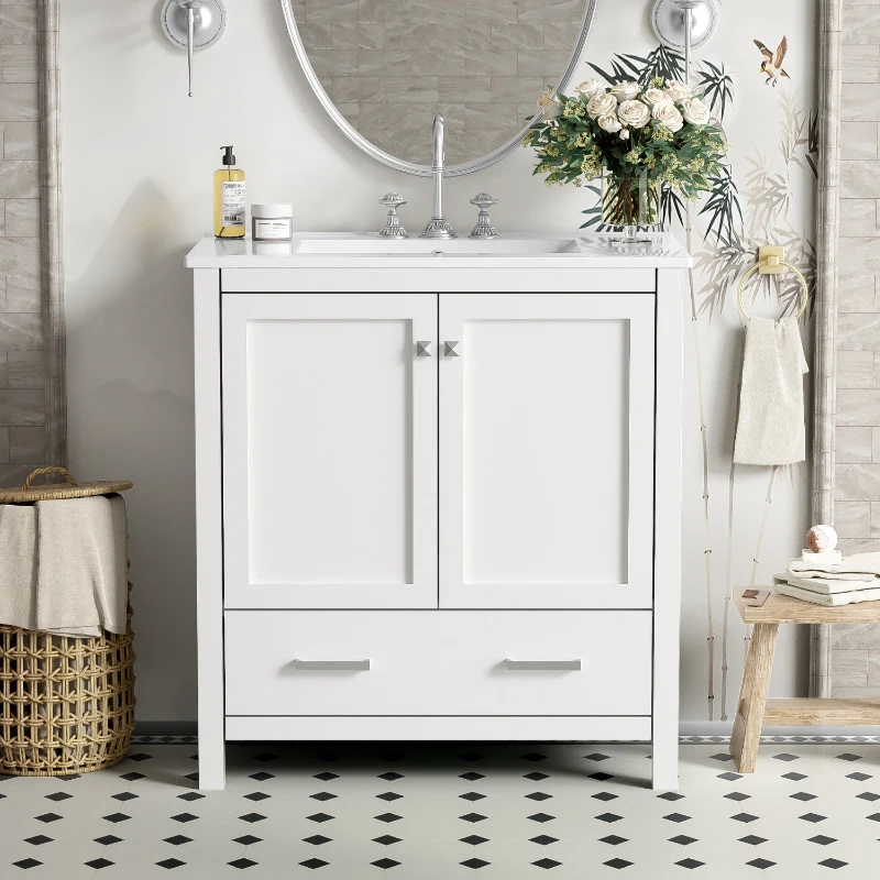 30" Bathroom Vanity with Single Sink, Solid Wood Frame, Multifunctional Storage Cabinet with Soft-Close Doors, 30" L x 18.5" W x 34" H, White