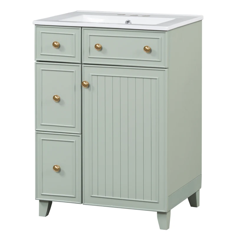24" Bathroom Vanity with 4 Drawers and 1 Door, Ceramic Sink, Cabinet with Solid Wood Construction, 24" L x 18.5" W x 34.5" H, Green+White