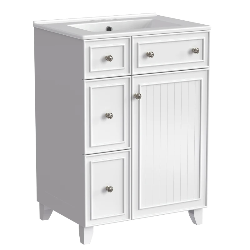 24" Bathroom Vanity Cabinet with 2 Drawers and 1 Door, Ceramic Sink, Cabinet with Solid Wood Construction, 24" L x 18.5" W x 34.5" H, White
