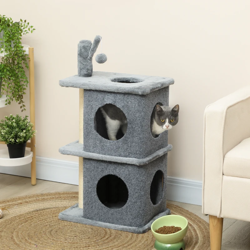 PawHut 31.5" Cat Tree, Multi-Level Cat Tower with 2 Condos and Soft Plush Perches for 1-2 Cats, Grey