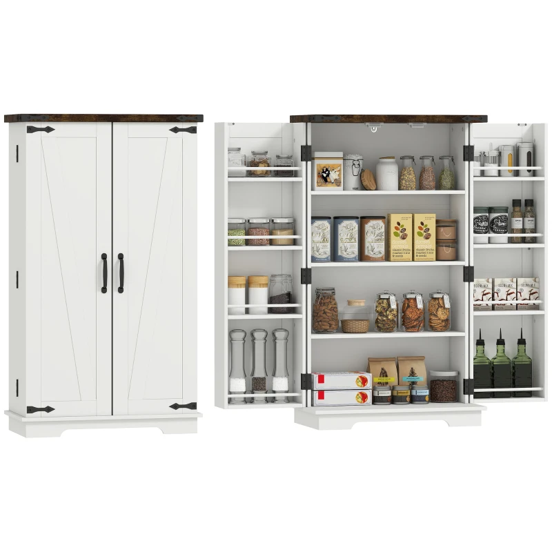 HOMCOM Farmhouse Kitchen Pantry Storage Cabinet, Kitchen Pantry Cabinet with Doors and Adjustable Shelves, White