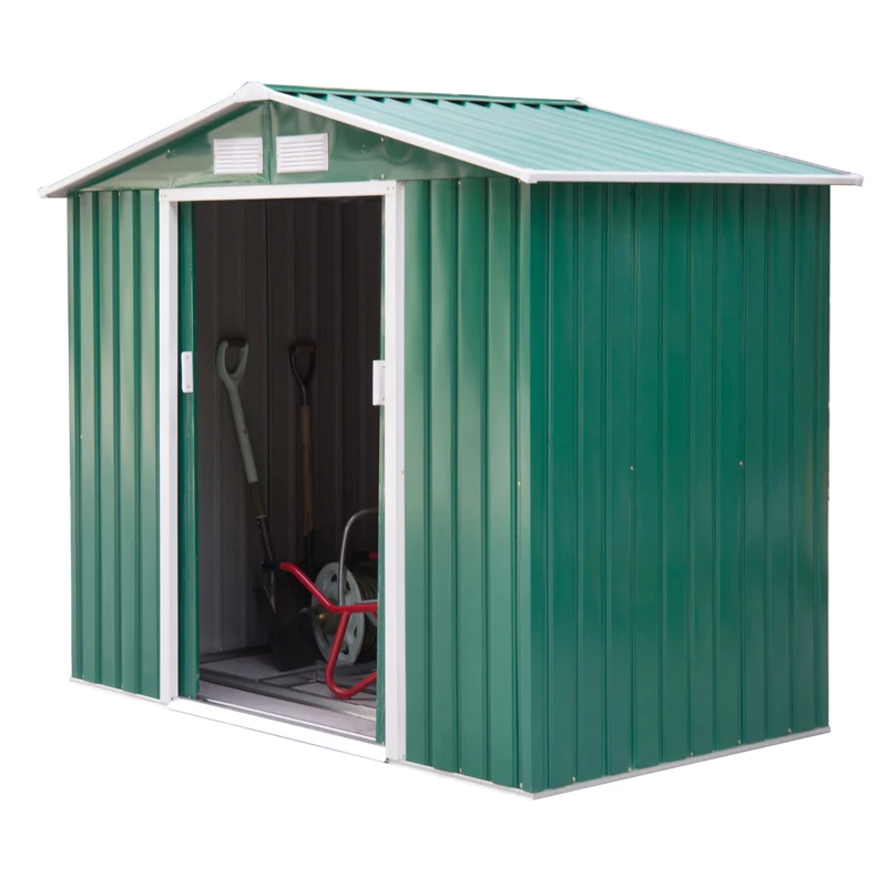 Outsunny 7' x 4' x 6' Garden Storage Shed Outdoor Patio Metal Tool Storage House w/ Foundation Kit and Double Doors Green