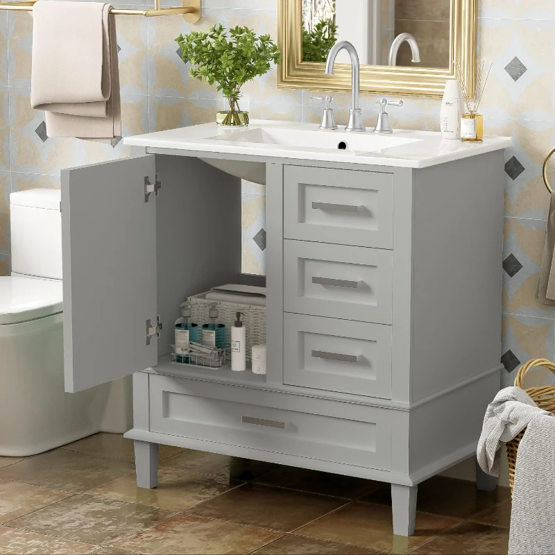 Modern Bathroom Vanity with Sink Combo, Solid Wood Frame, Ample Storage Cabinet with Soft-Close Door, 30" L x 18" W x 34" H, Grey
