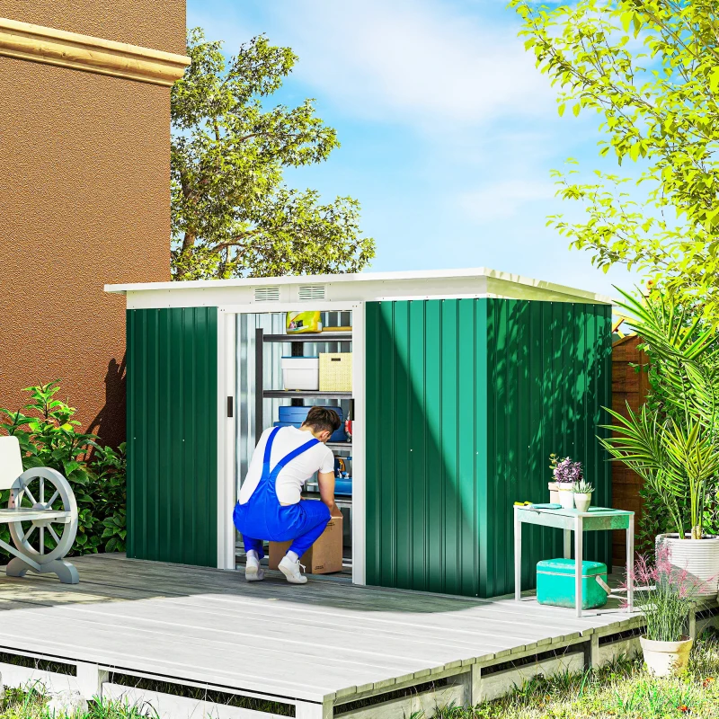 Outsunny 9' x 4' Garden Metal Storage Shed Outdoor Equipment Tool Box with Foundation Kit, Ventilation & Doors, Dark Green